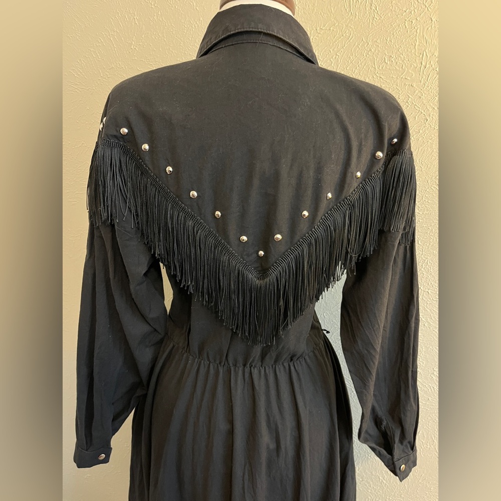 VINTAGE Black Tassle Fringe Western Dress with shiny buttons and ornamentation - Picture 5 of 8